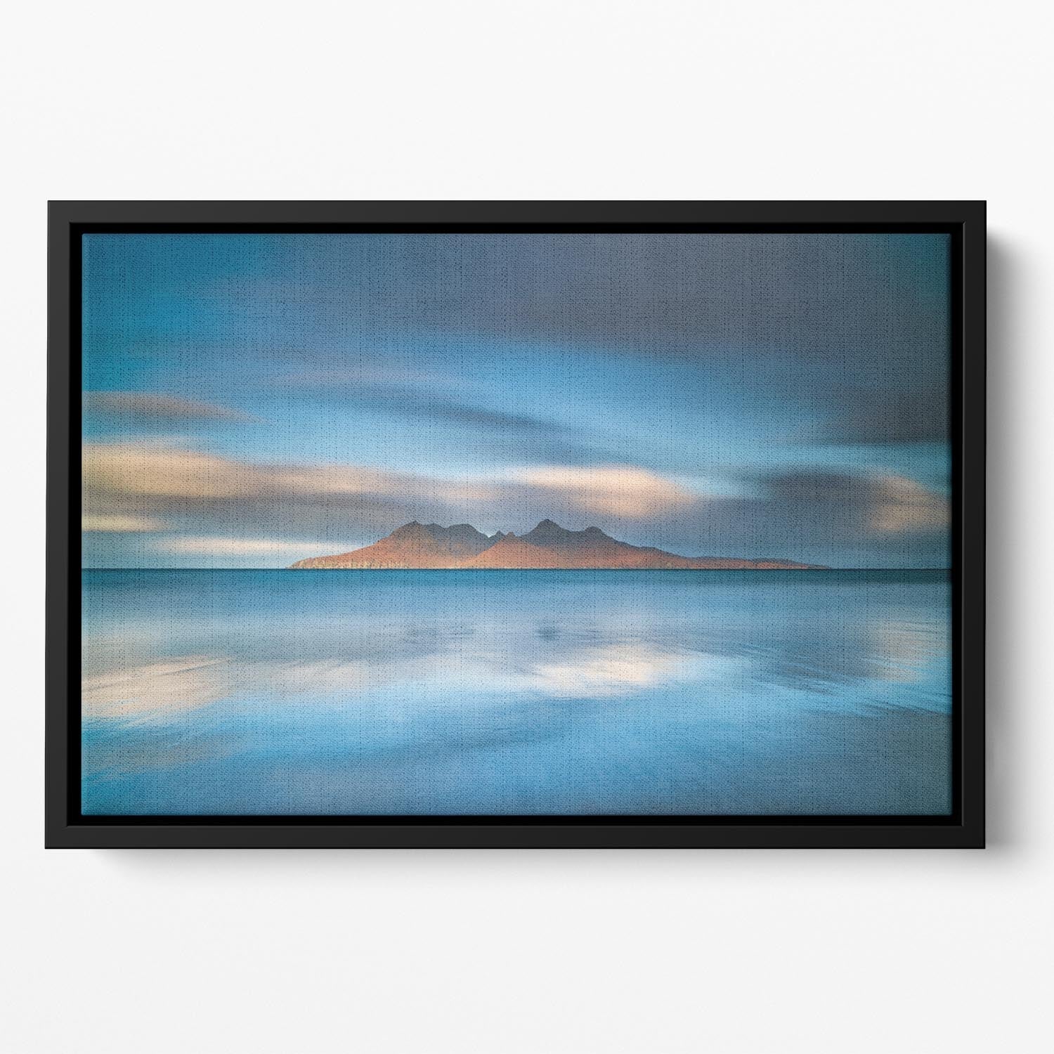 An Epic Sunrise In Eigg Floating Framed Canvas showcasing vibrant colors and abstract design in a handcrafted wooden frame.