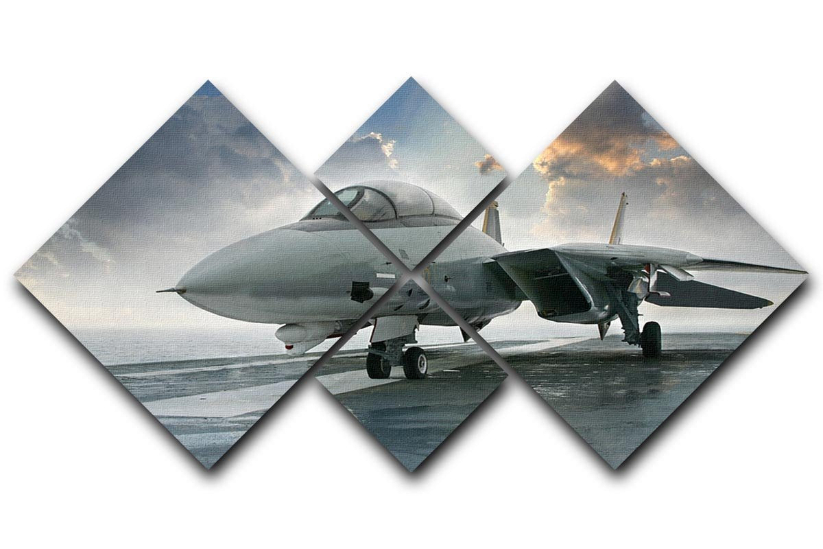 A striking multi-panel canvas artwork featuring a jet fighter, divided into four equal square sections, showcasing vibrant colors and dynamic design.