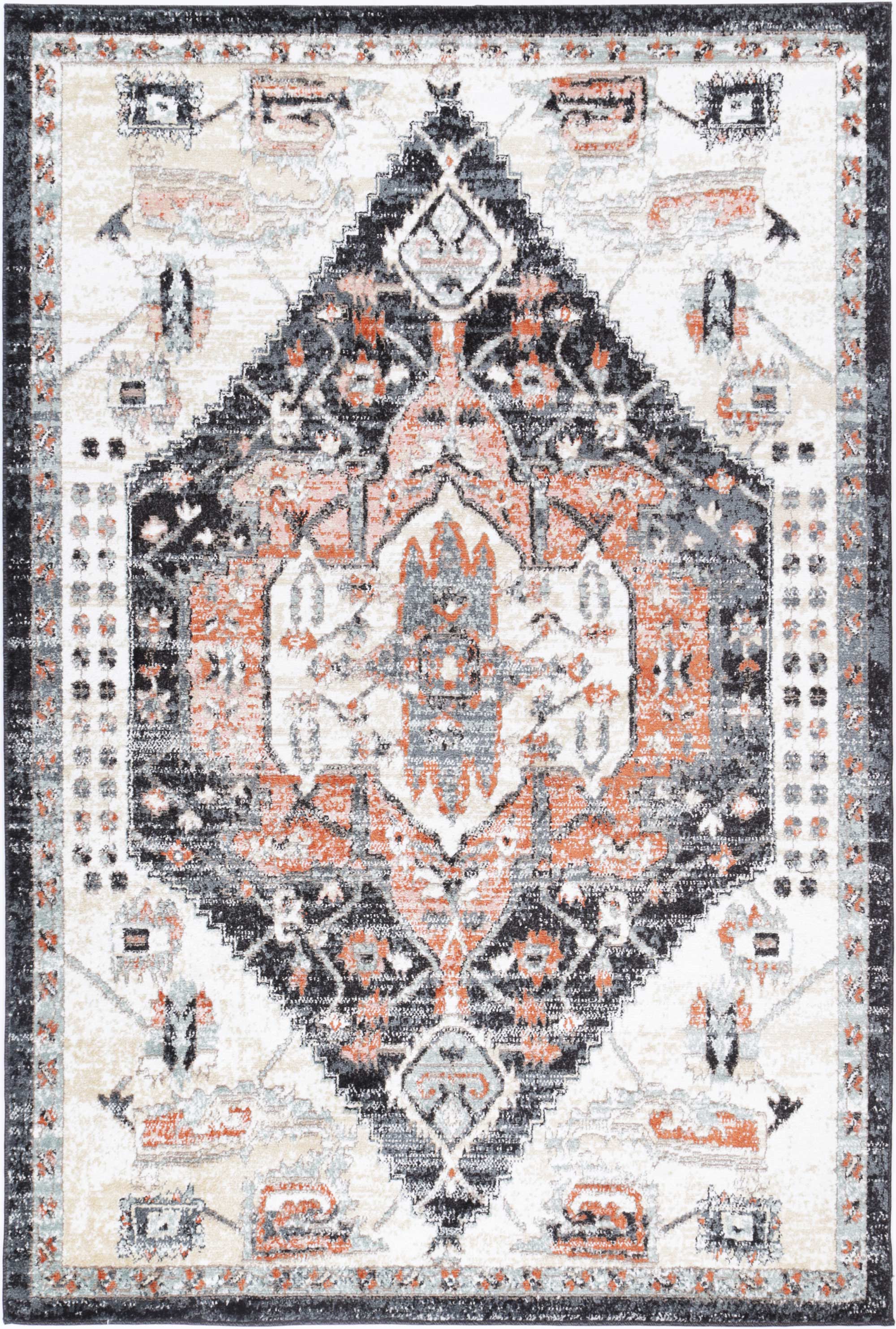 Anatolia Traditional Cream Black Rug 280x380cm showcasing intricate patterns in black, grey, cream, and terracotta colors.