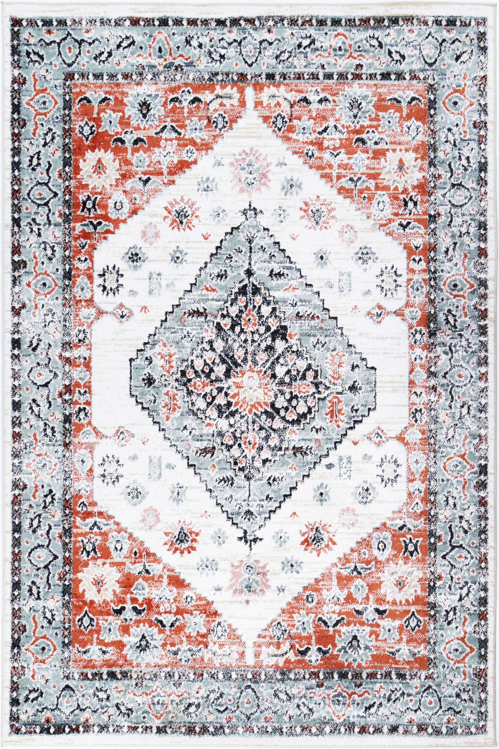 Anatolia Traditional Cream Terracotta Rug measuring 280x380cm, featuring a blend of black, grey, cream, and terracotta colors in a traditional design.