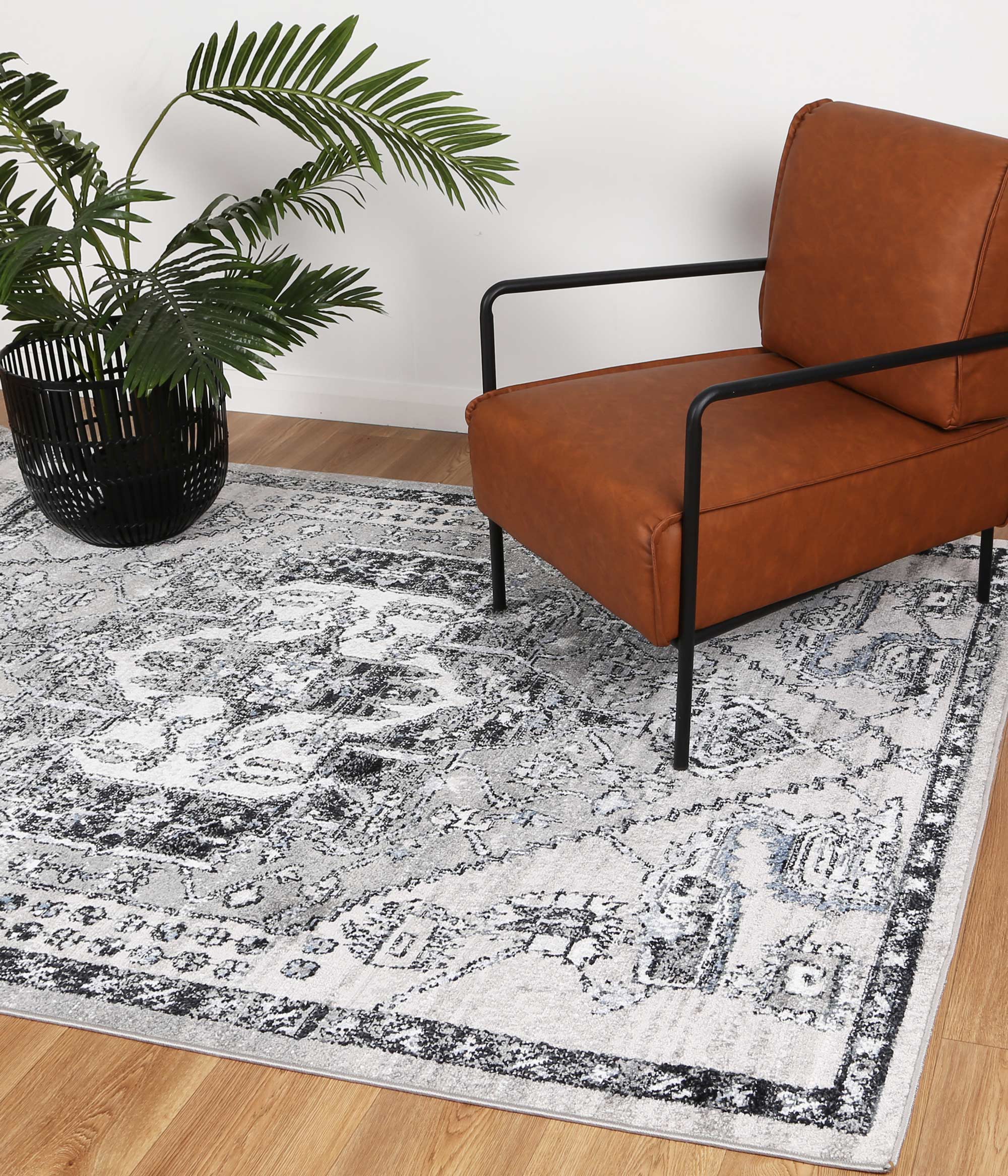 Anatolia Traditional Light Grey Rug measuring 200x290cm, featuring a beautiful antique design with a color palette of black, grey, cream, and terracotta.