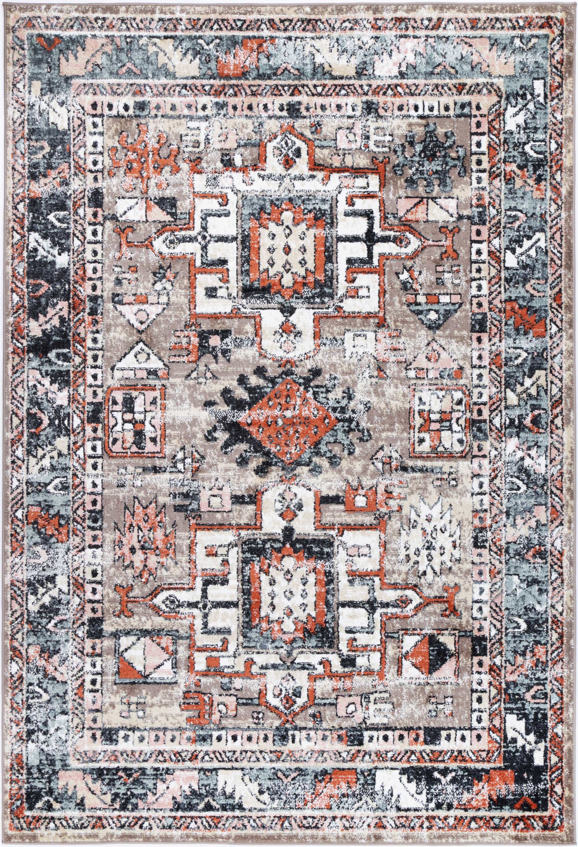 Anatolia Traditional Multi Rug 240x330cm showcasing an antique design with a color palette of black, grey, cream, and terracotta, perfect for home decor.