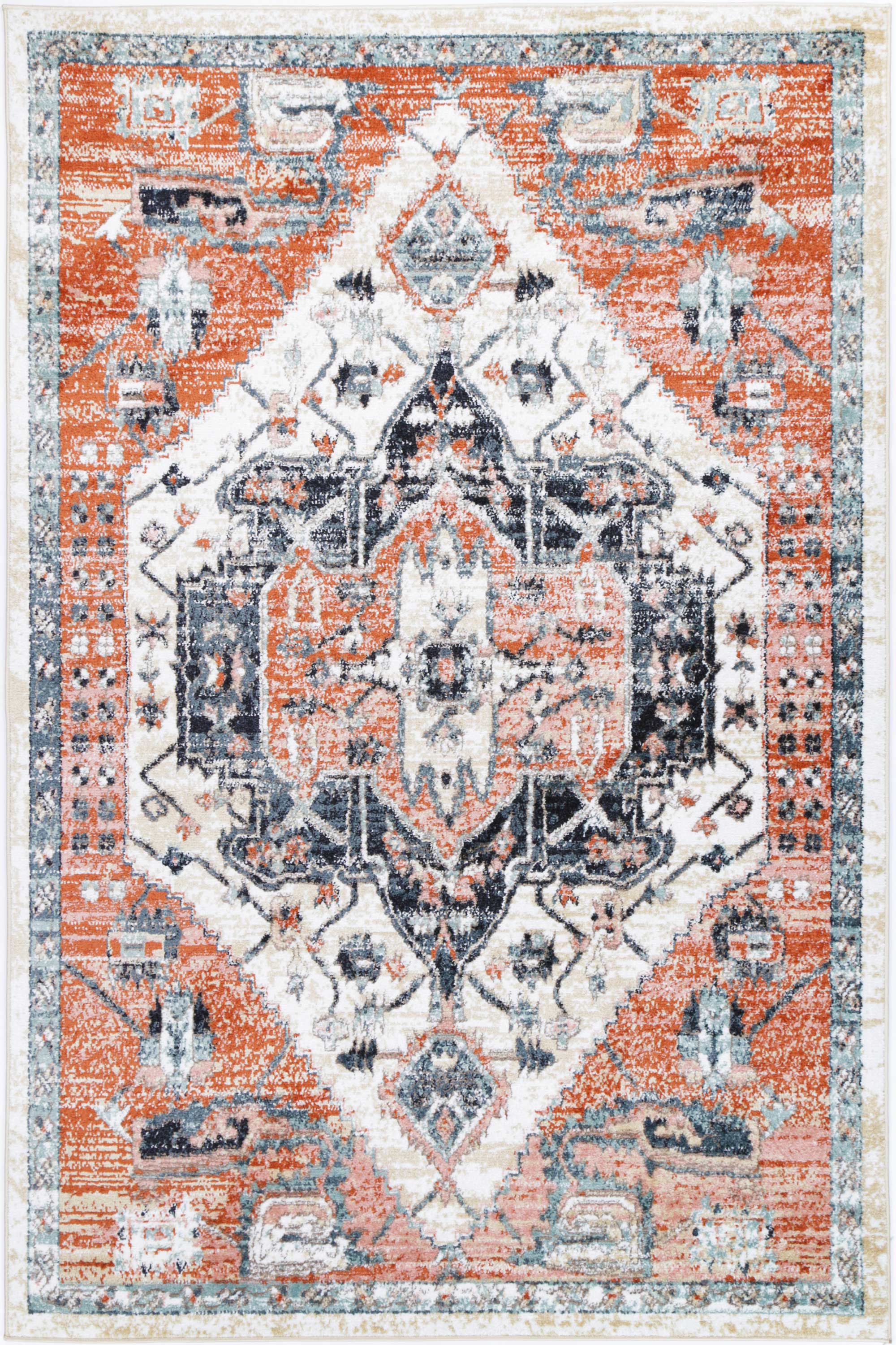 Anatolia Traditional Terracotta White Rug 200x290cm showcasing intricate patterns in cream, black, grey, and terracotta colors.