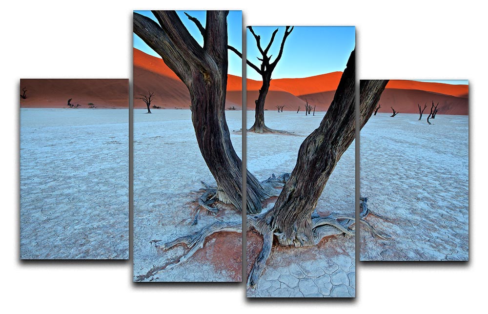 A beautiful 4-split canvas artwork featuring ancient trees in a serene vlei setting, showcasing vibrant colors and intricate details.