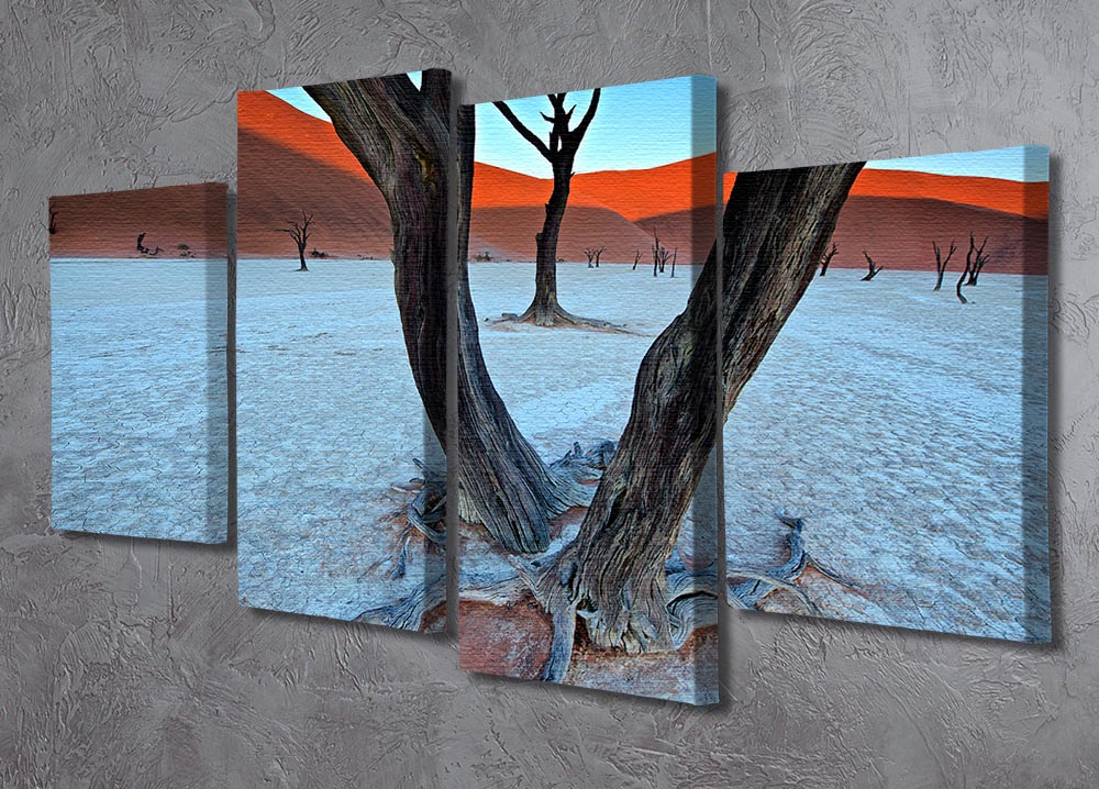 A beautiful 4-split canvas artwork featuring ancient trees in a serene vlei setting, showcasing vibrant colors and intricate details.