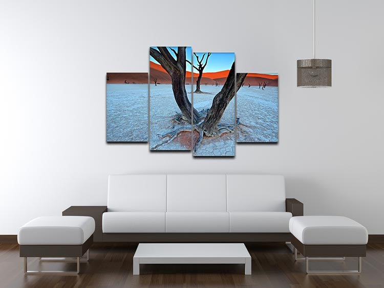 A beautiful 4-split canvas artwork featuring ancient trees in a serene vlei setting, showcasing vibrant colors and intricate details.