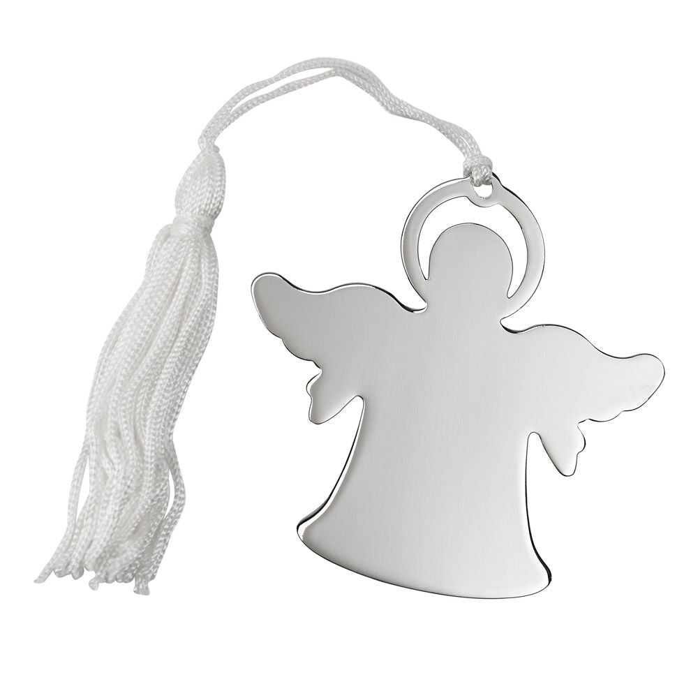 A beautiful angel ornament with a white tassel, featuring a shiny nickel plated finish, perfect for engraving.