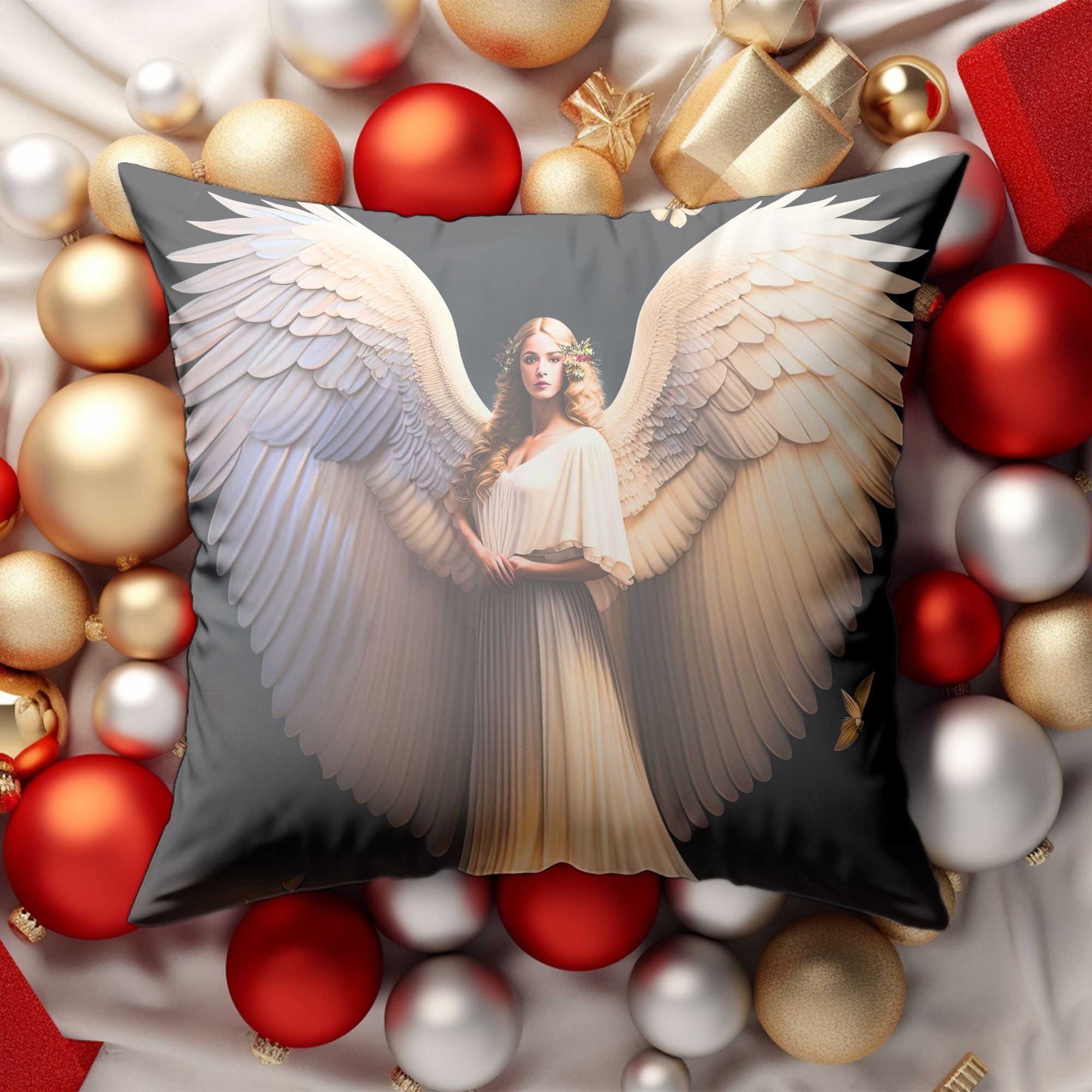 Angelic Christmas Decor Throw Pillow featuring festive designs and warm colors, perfect for holiday home decor.