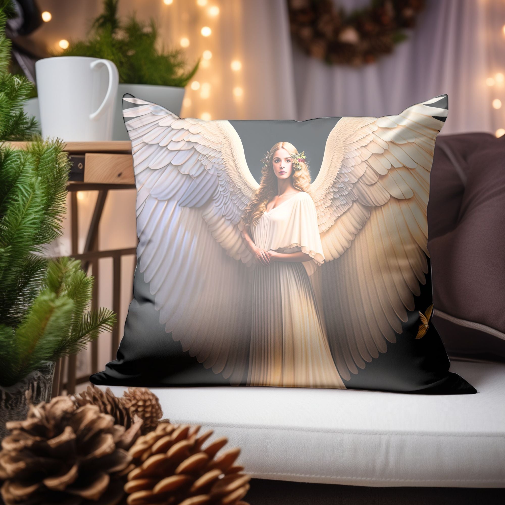 Angelic Christmas Decor Throw Pillow featuring festive designs and warm colors, perfect for holiday home decor.