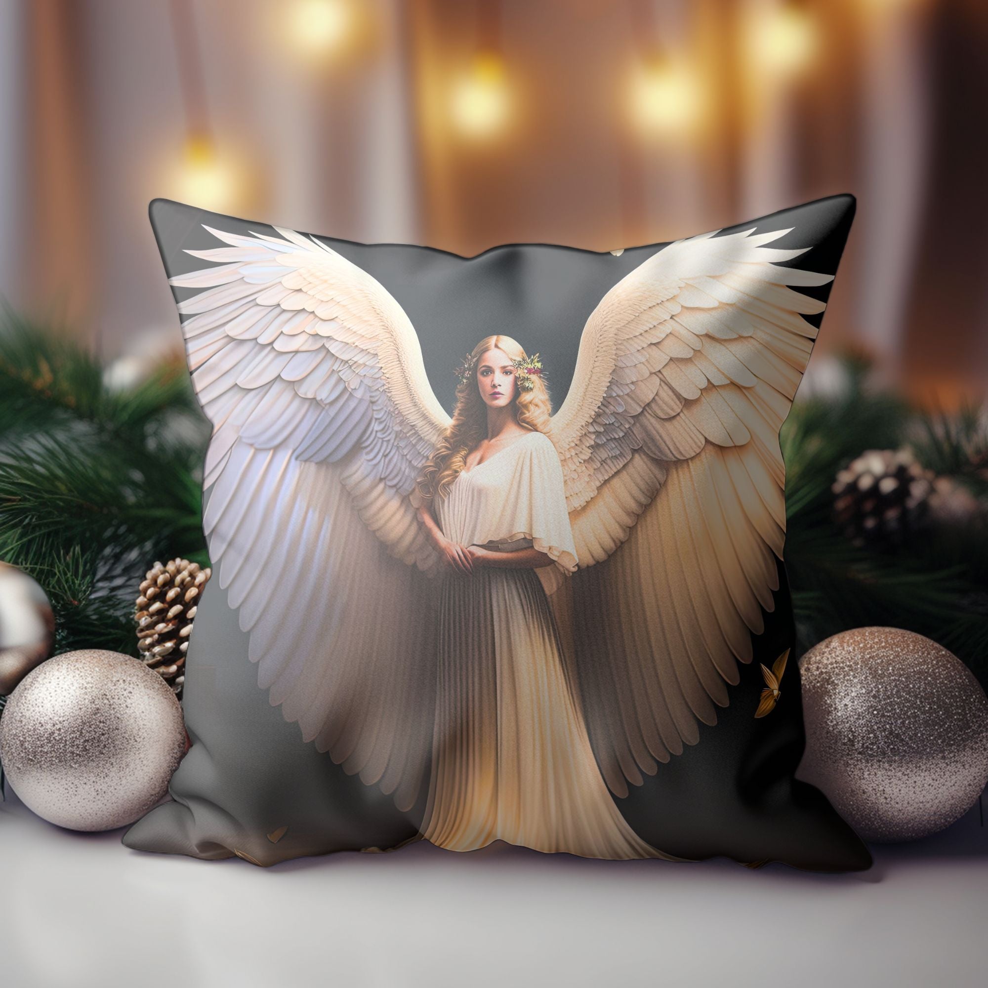Angelic Christmas Decor Throw Pillow featuring festive designs and warm colors, perfect for holiday home decor.