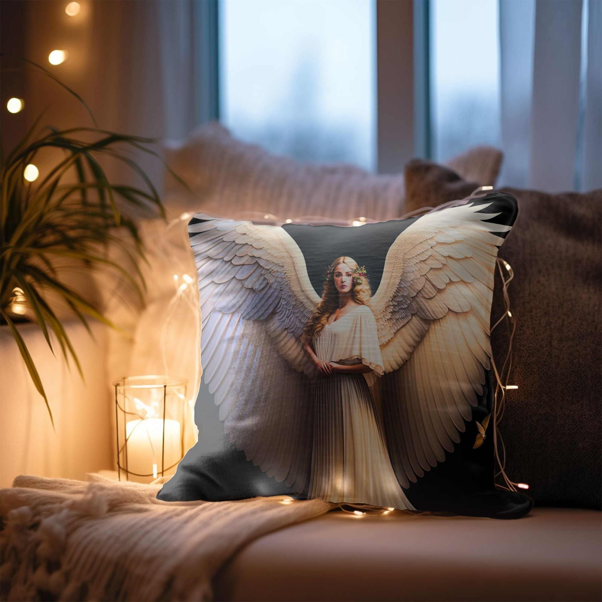 Angelic Christmas Decor Throw Pillow featuring festive designs and warm colors, perfect for holiday home decor.