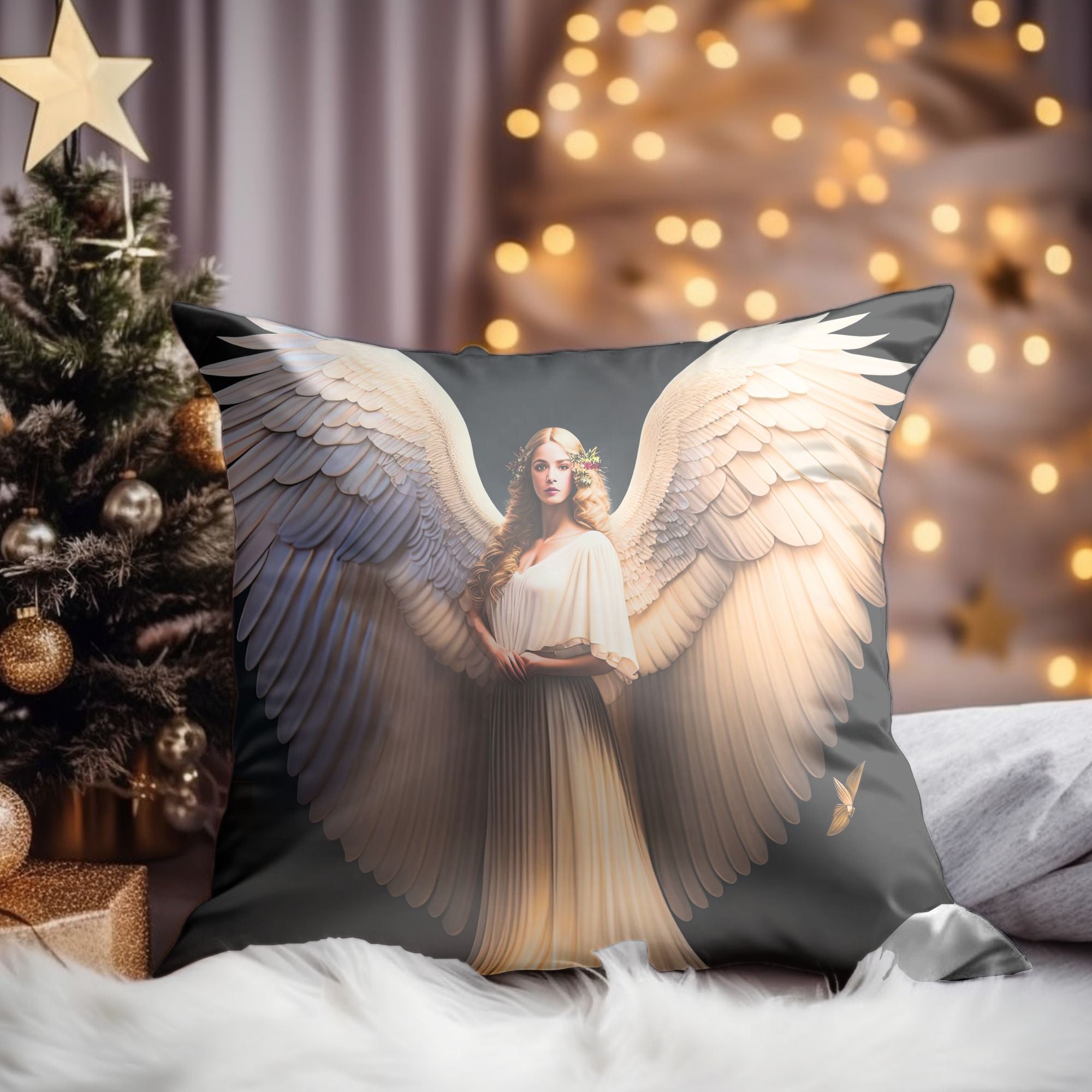 Angelic Christmas Decor Throw Pillow featuring festive designs and warm colors, perfect for holiday home decor.
