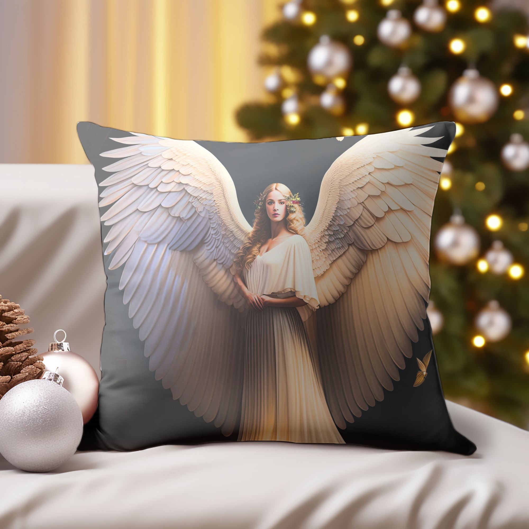 Angelic Christmas Decor Throw Pillow featuring festive designs and warm colors, perfect for holiday home decor.