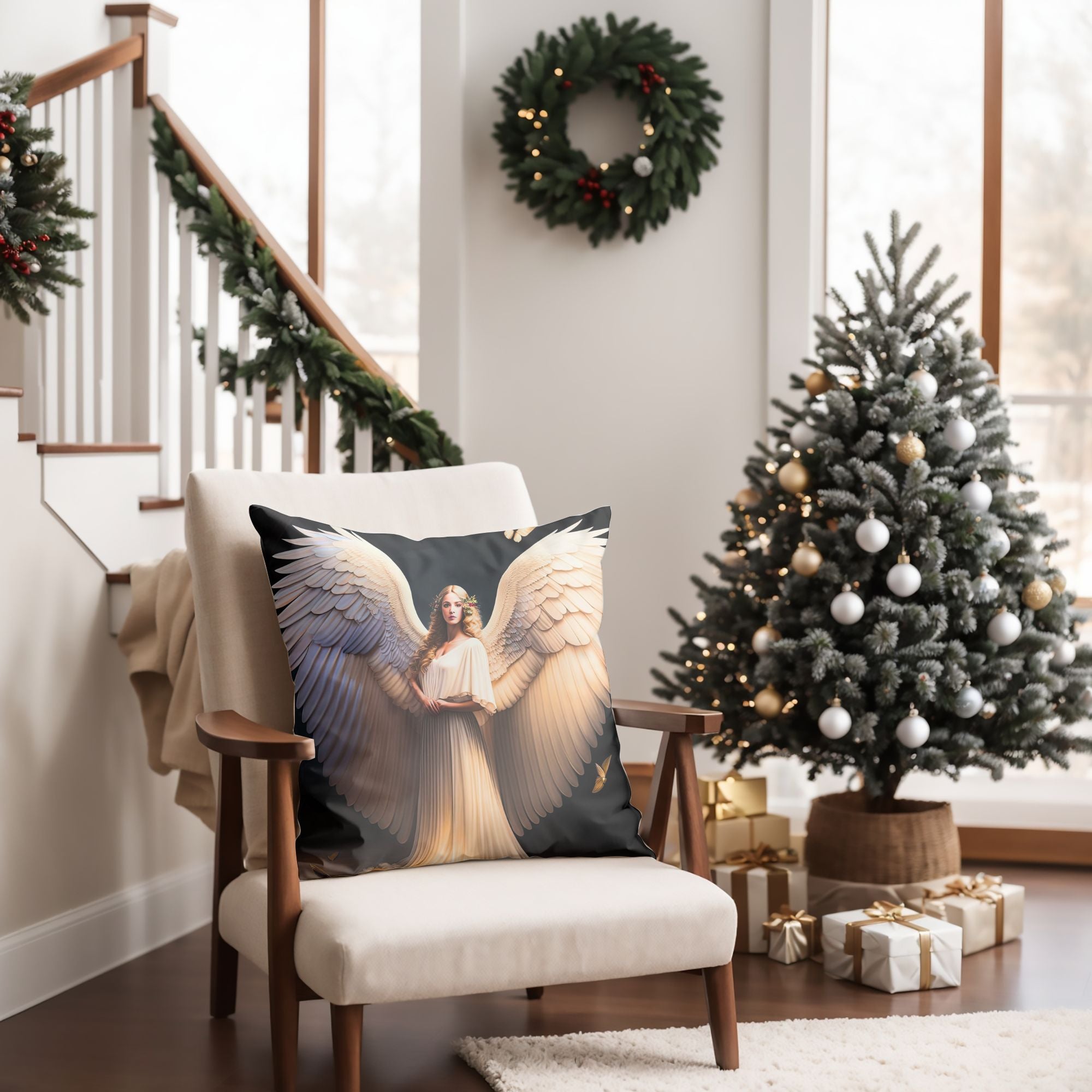 Angelic Christmas Decor Throw Pillow featuring festive designs and warm colors, perfect for holiday home decor.