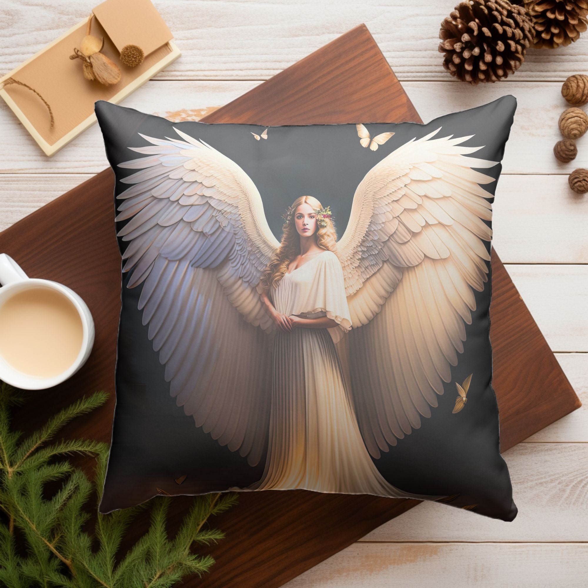 Angelic Christmas Decor Throw Pillow featuring festive designs and warm colors, perfect for holiday home decor.