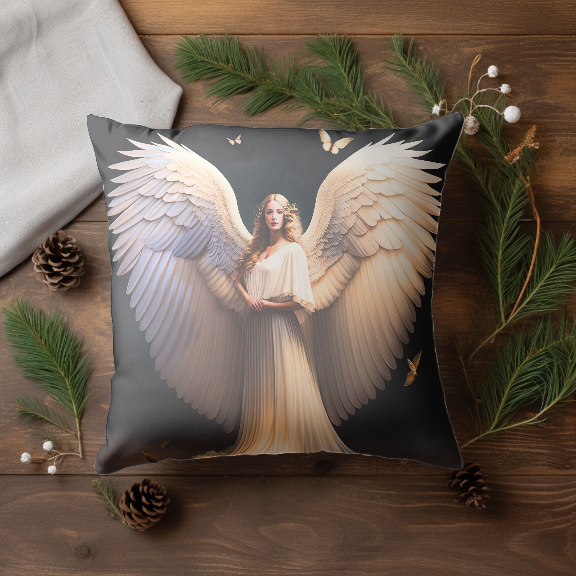 Angelic Christmas Decor Throw Pillow featuring festive designs and warm colors, perfect for holiday home decor.