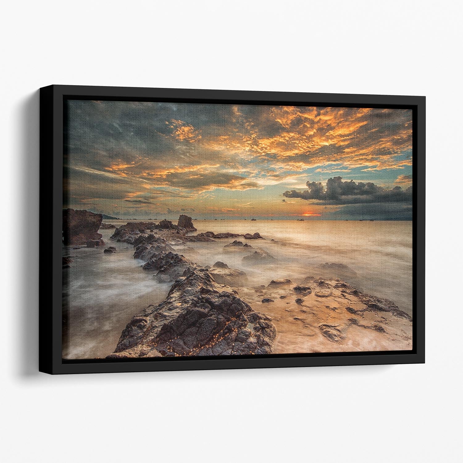 Angry Beach Floating Framed Canvas featuring vibrant abstract beach scene in a handcrafted wooden frame.