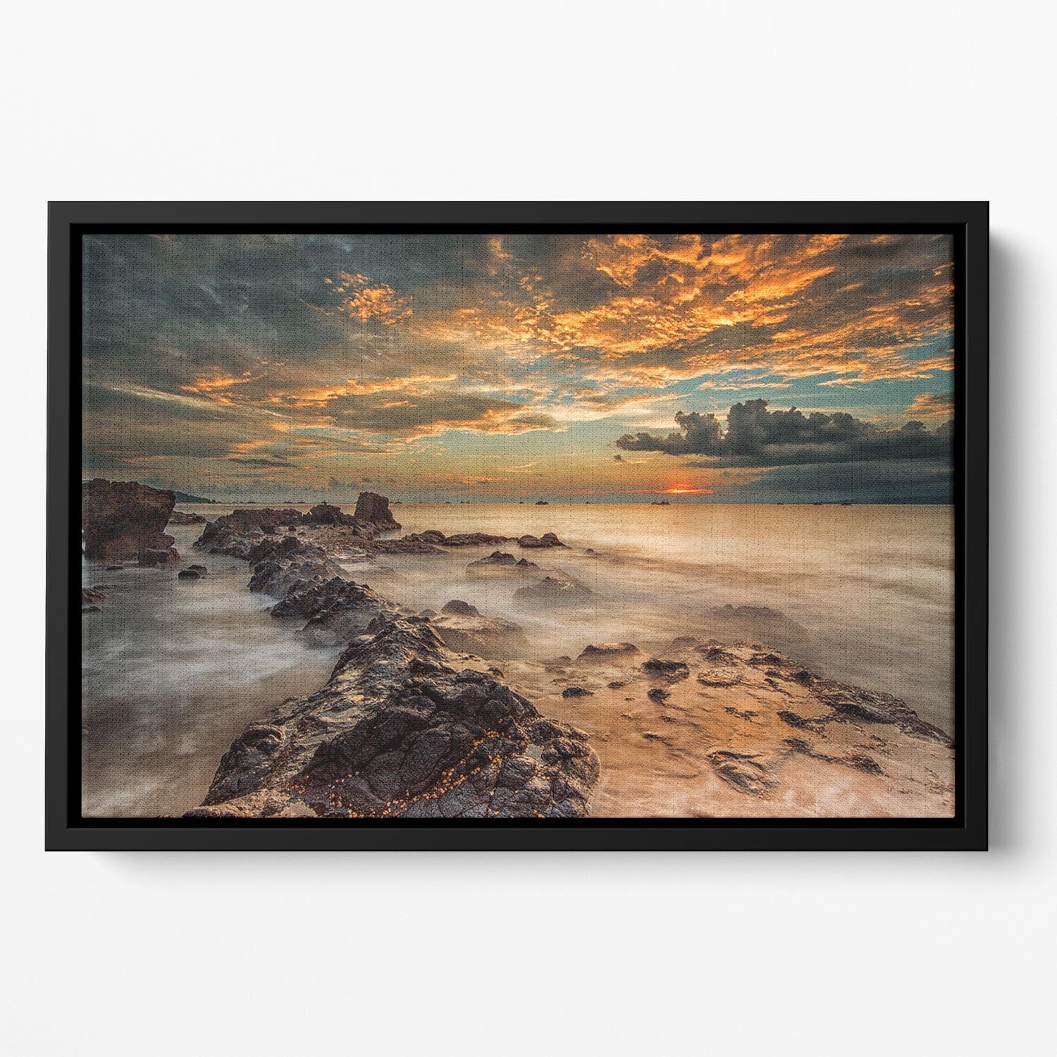 Angry Beach Floating Framed Canvas featuring vibrant abstract beach scene in a handcrafted wooden frame.