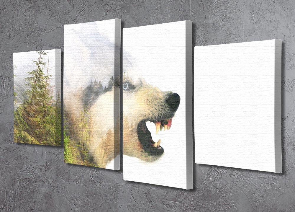 A striking 4-panel canvas artwork featuring an angry Siberian husky dog, showcasing its fierce expression and captivating details.
