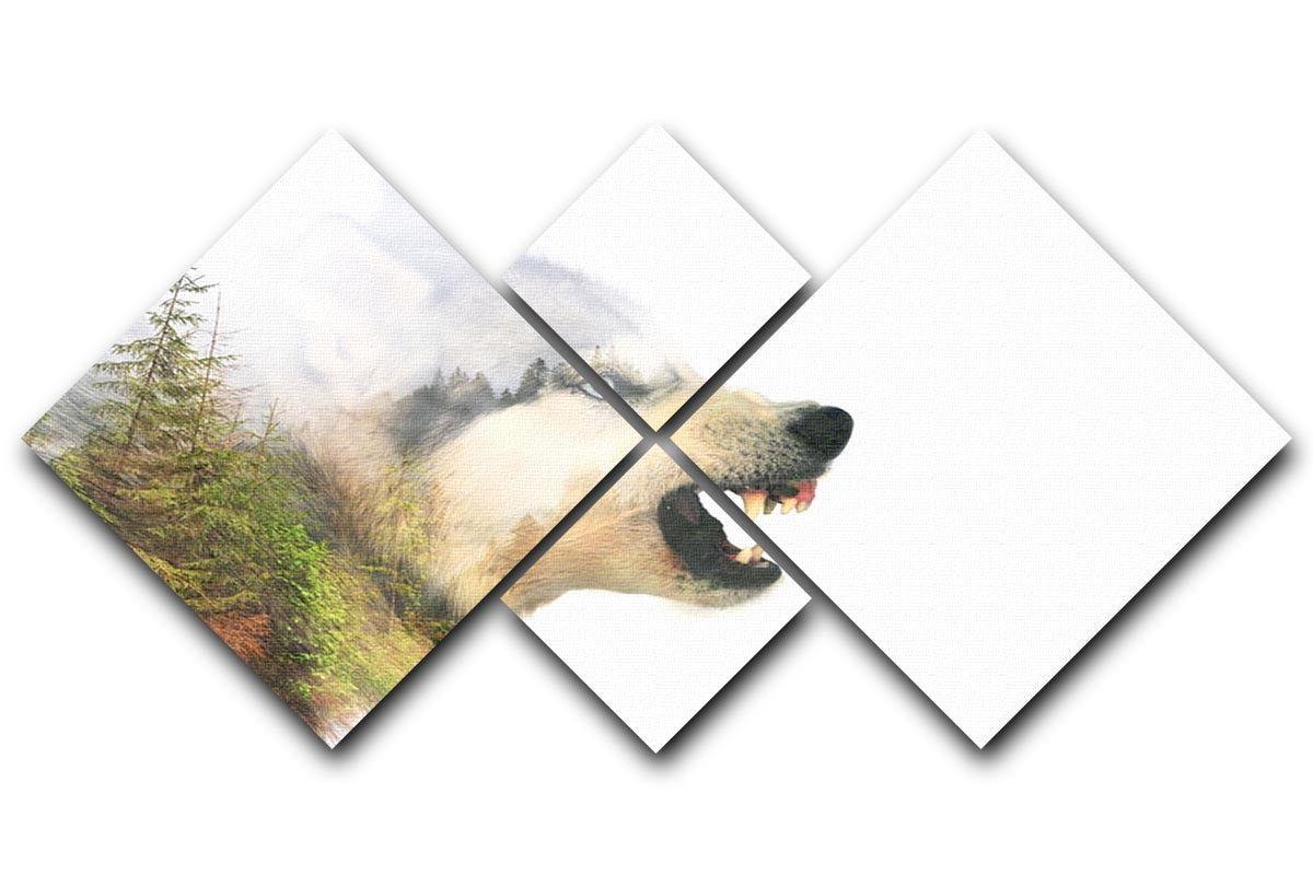 A striking multi-panel canvas artwork featuring an angry Siberian Husky dog, divided into four equal sections.