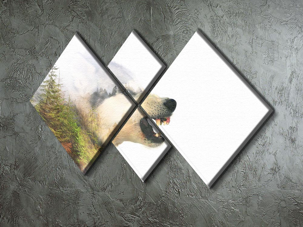 A striking multi-panel canvas artwork featuring an angry Siberian Husky dog, divided into four equal sections.
