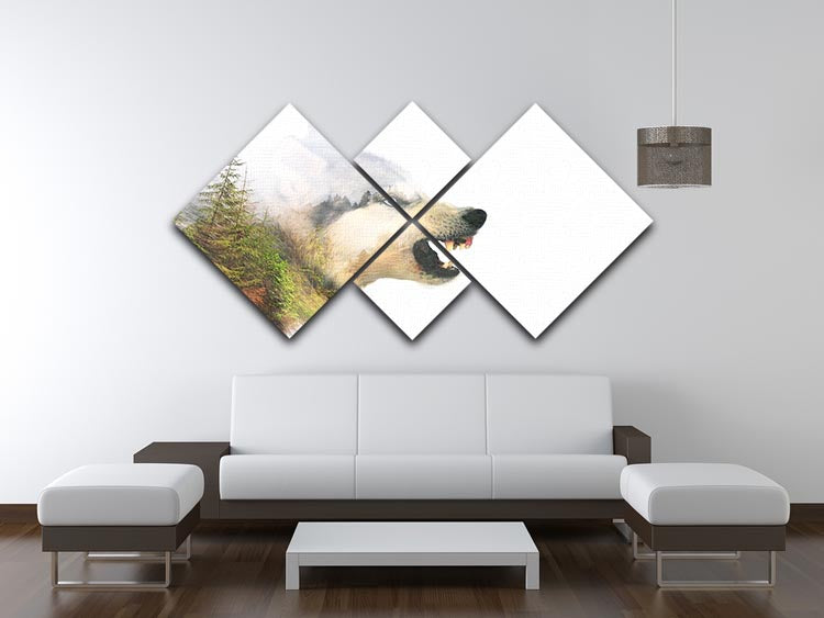A striking multi-panel canvas artwork featuring an angry Siberian Husky dog, divided into four equal sections.
