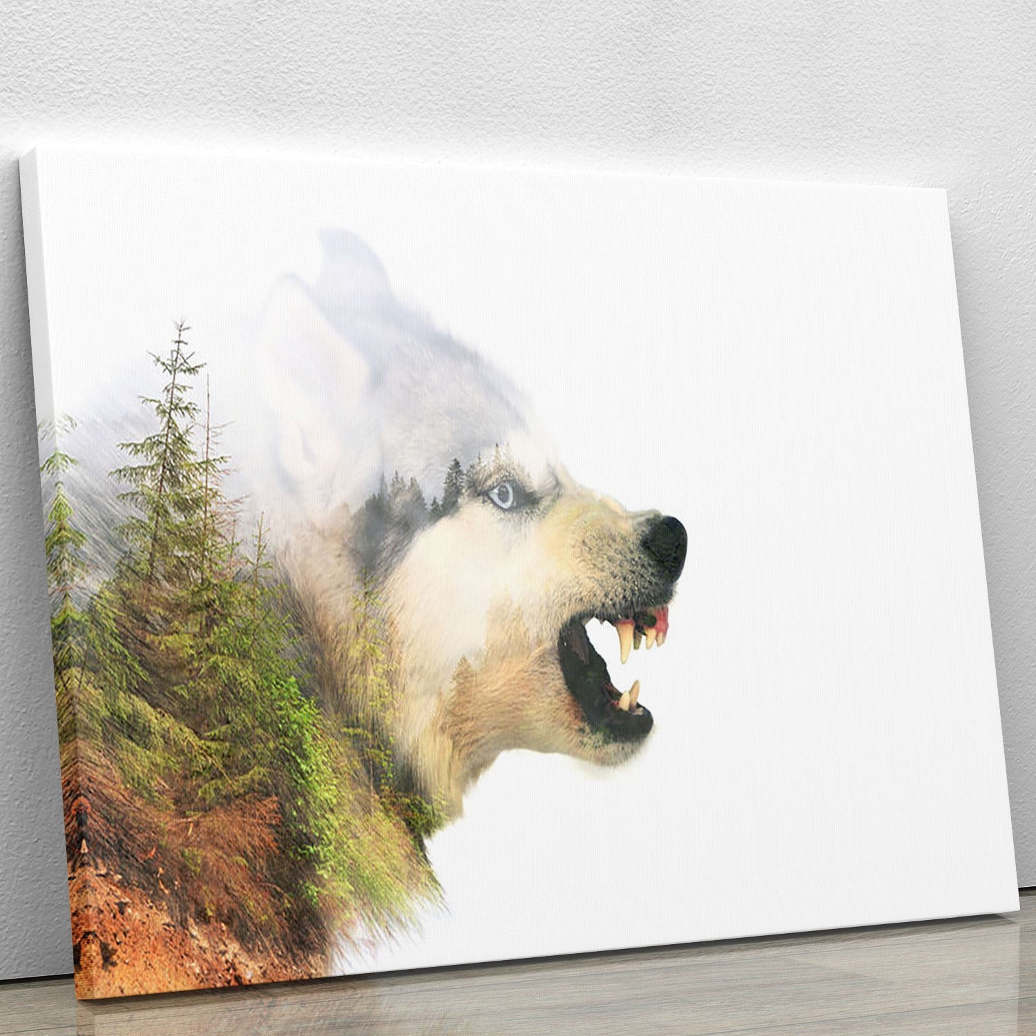 A vibrant canvas print of an angry Siberian Husky dog, showcasing its striking features and expressive eyes, perfect for home decor.
