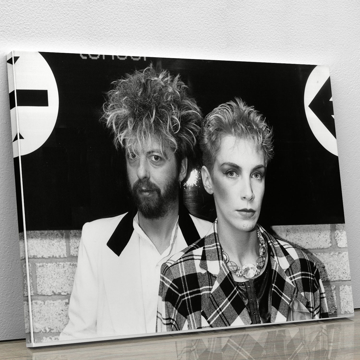 Annie Lennox and Dave Stewart Eurythmics canvas print featuring vibrant colors and iconic imagery, perfect for home or office decor.