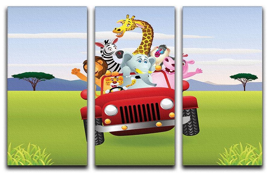 A vibrant three-panel canvas print featuring a cartoon animal driving a red car, perfect for playful home decor.