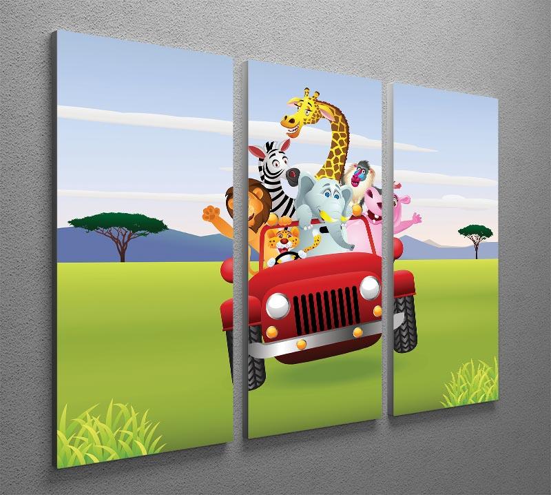 A vibrant three-panel canvas print featuring a cartoon animal driving a red car, perfect for playful home decor.