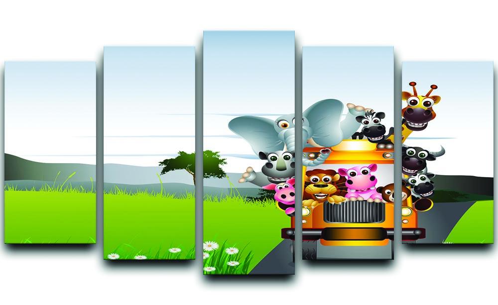 A vibrant 5-split panel canvas artwork featuring an animal on a yellow car, creating a dynamic and colorful display.