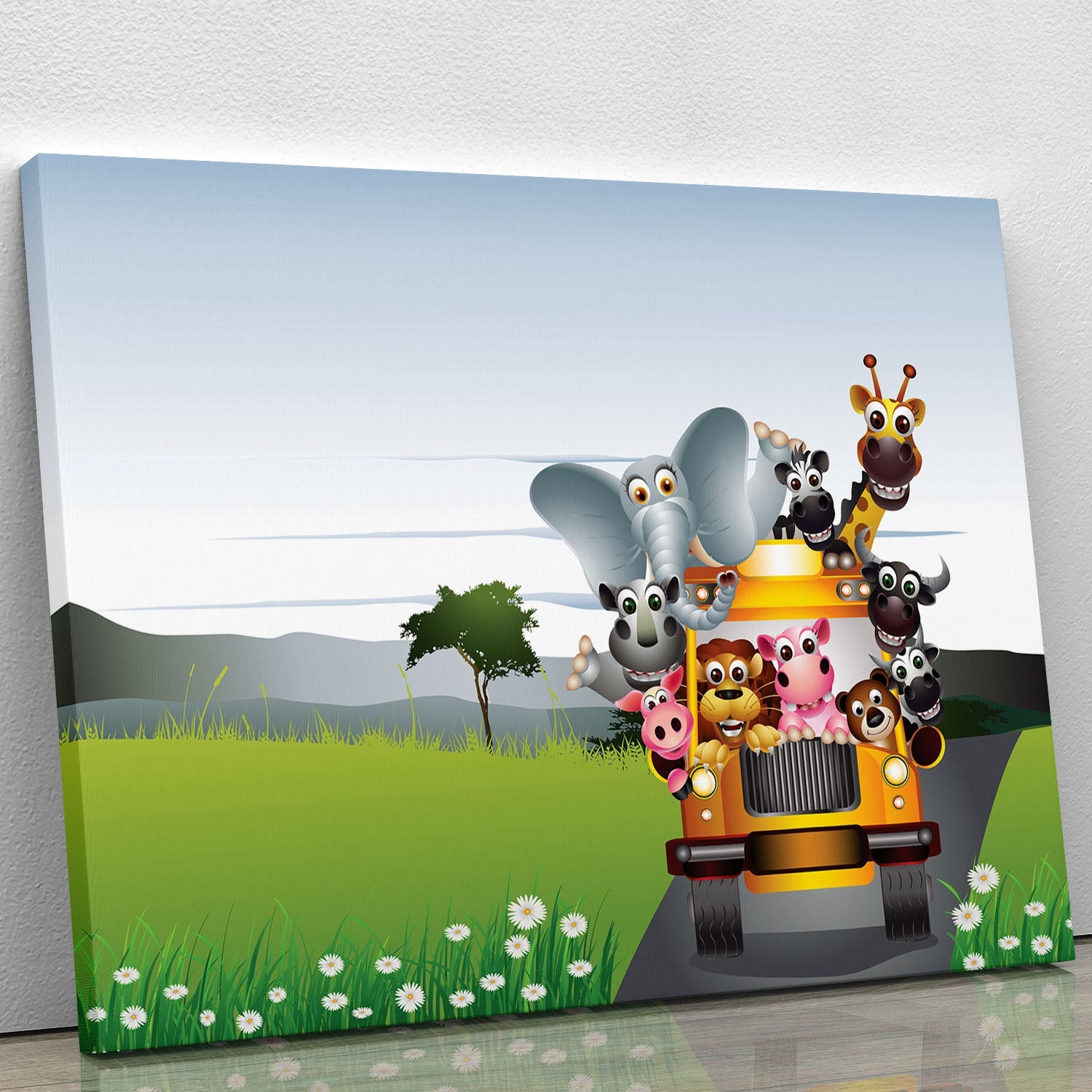 A vibrant canvas print featuring an animal sitting on a bright yellow car, showcasing a unique blend of wildlife and automotive art.