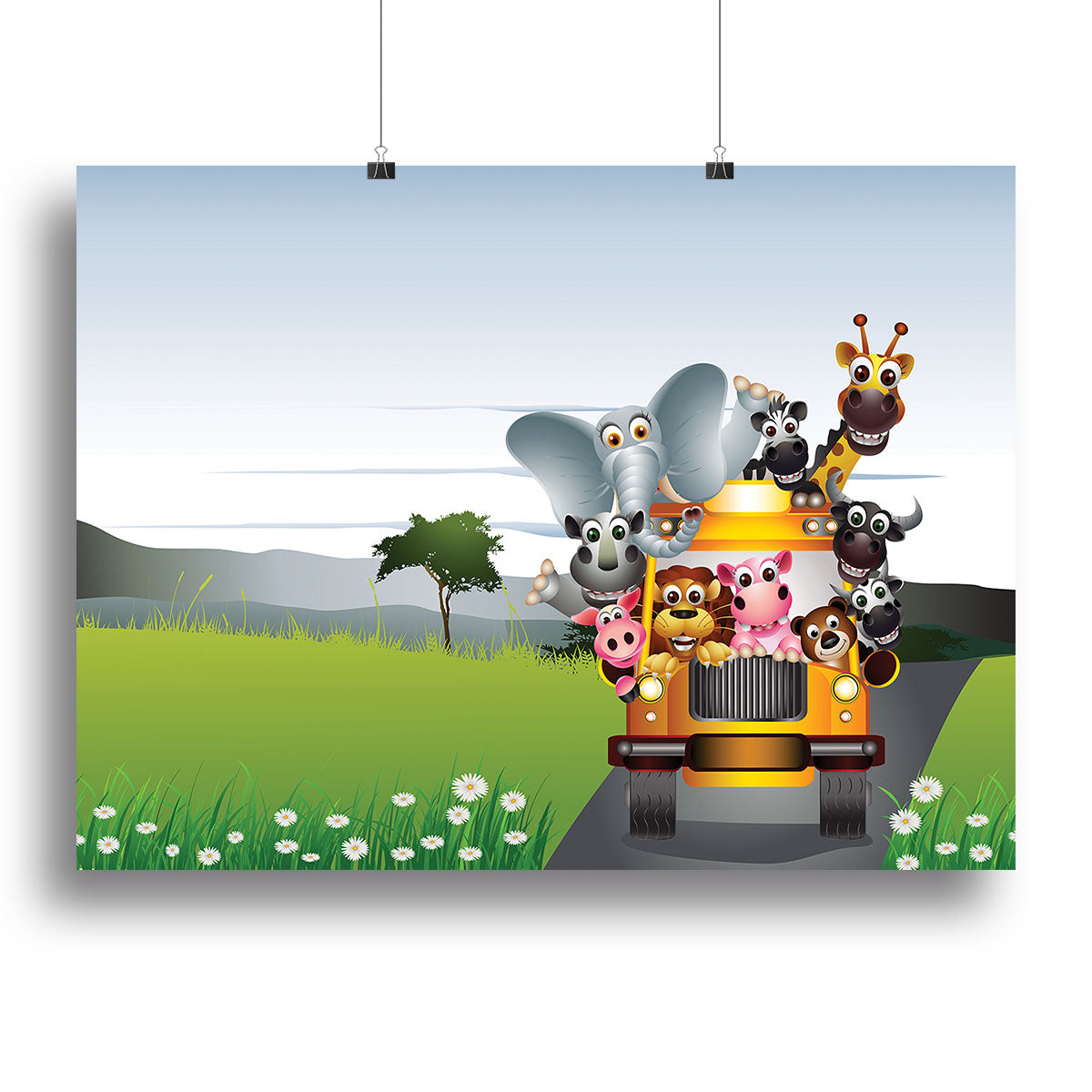 A vibrant canvas print featuring an animal sitting on a bright yellow car, showcasing a unique blend of wildlife and automotive art.