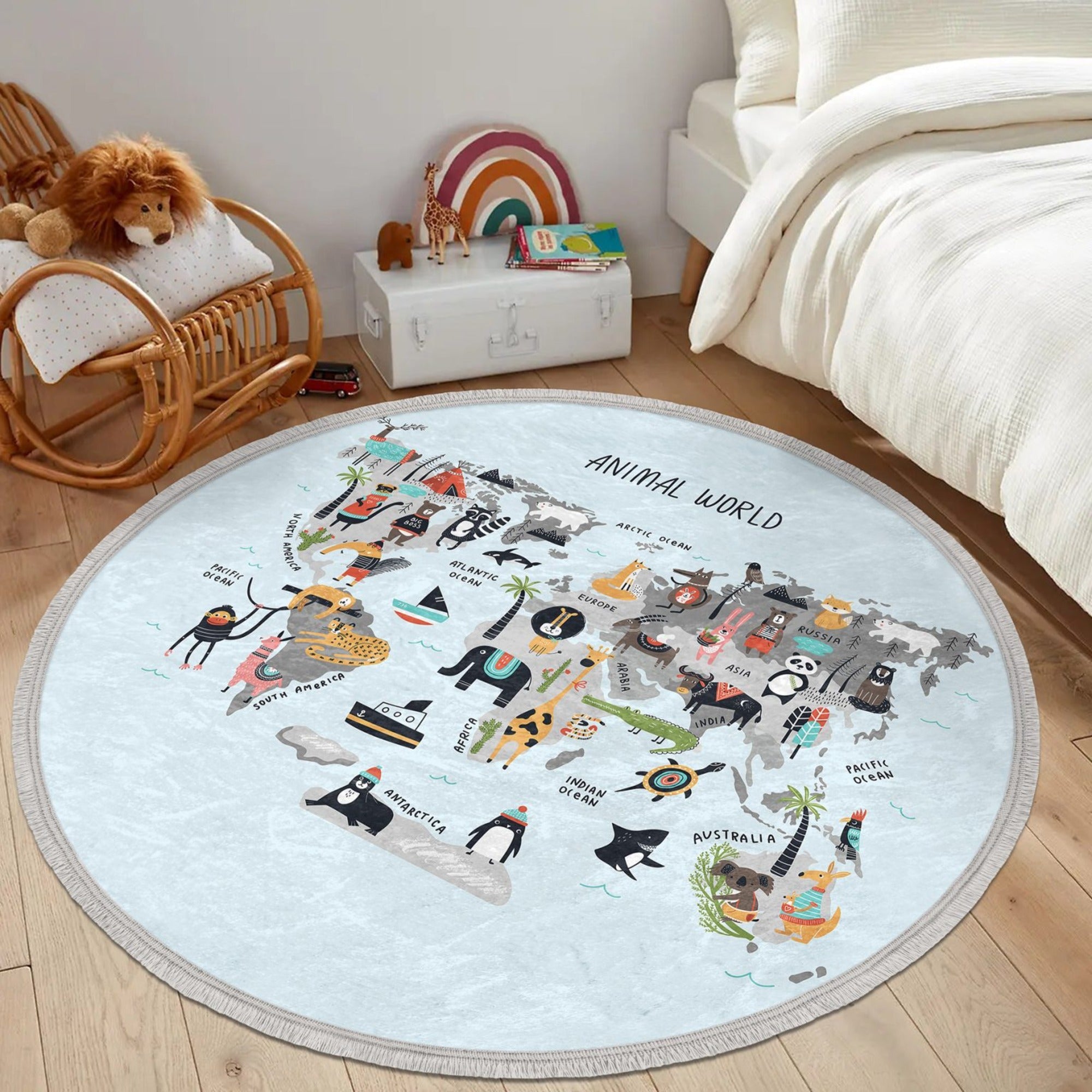 Colorful Animal World Area Rug featuring vibrant animal prints, perfect for kids' rooms and nurseries, made from soft velvet fabric.