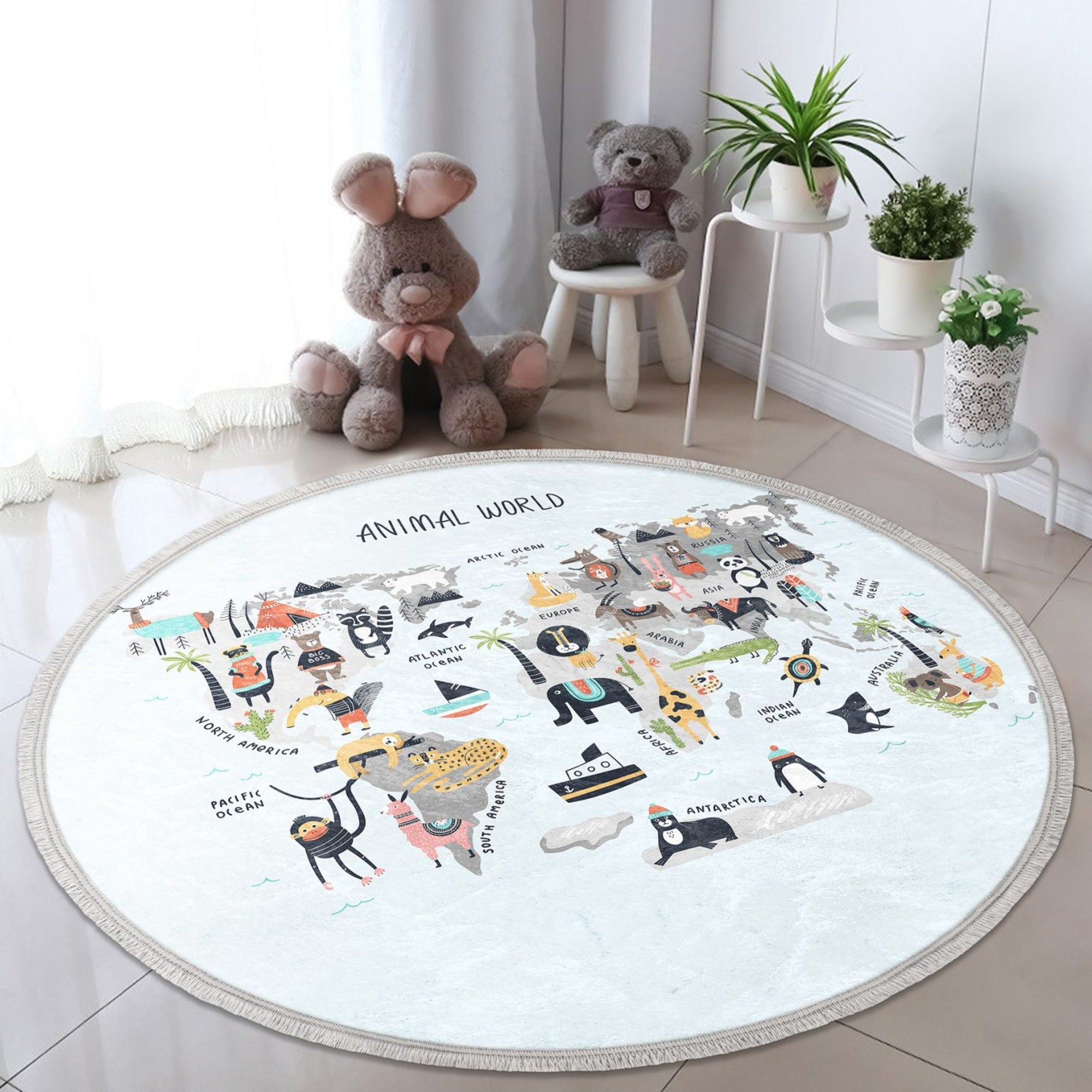 Colorful Animal World Area Rug featuring vibrant animal prints, perfect for kids' rooms and nurseries, made from soft velvet fabric.