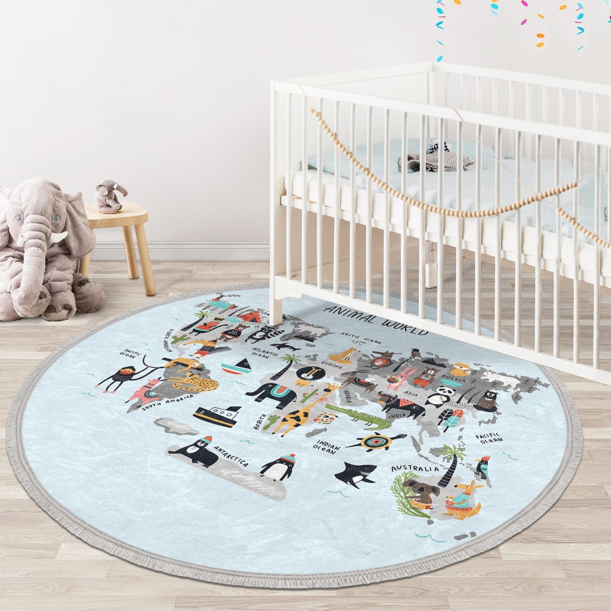 Colorful Animal World Area Rug featuring vibrant animal prints, perfect for kids' rooms and nurseries, made from soft velvet fabric.