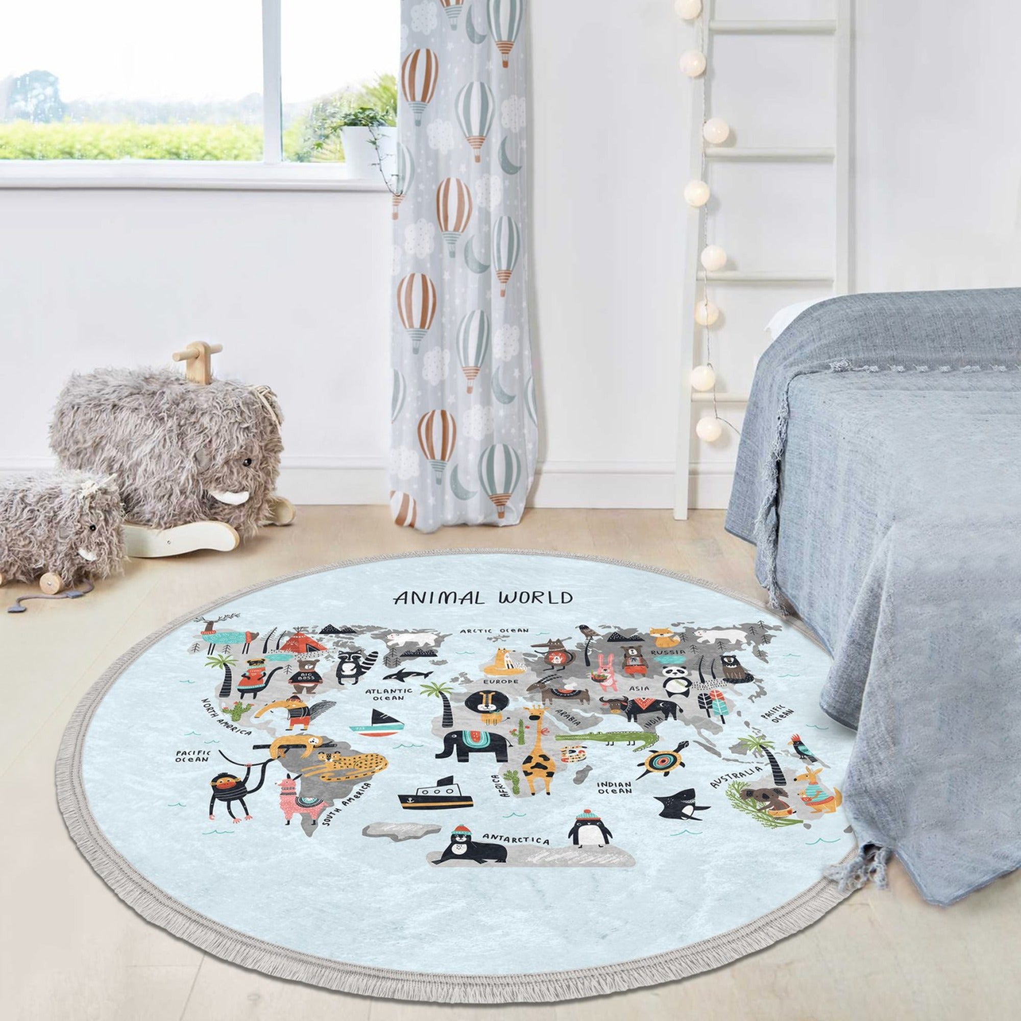 Colorful Animal World Area Rug featuring vibrant animal prints, perfect for kids' rooms and nurseries, made from soft velvet fabric.