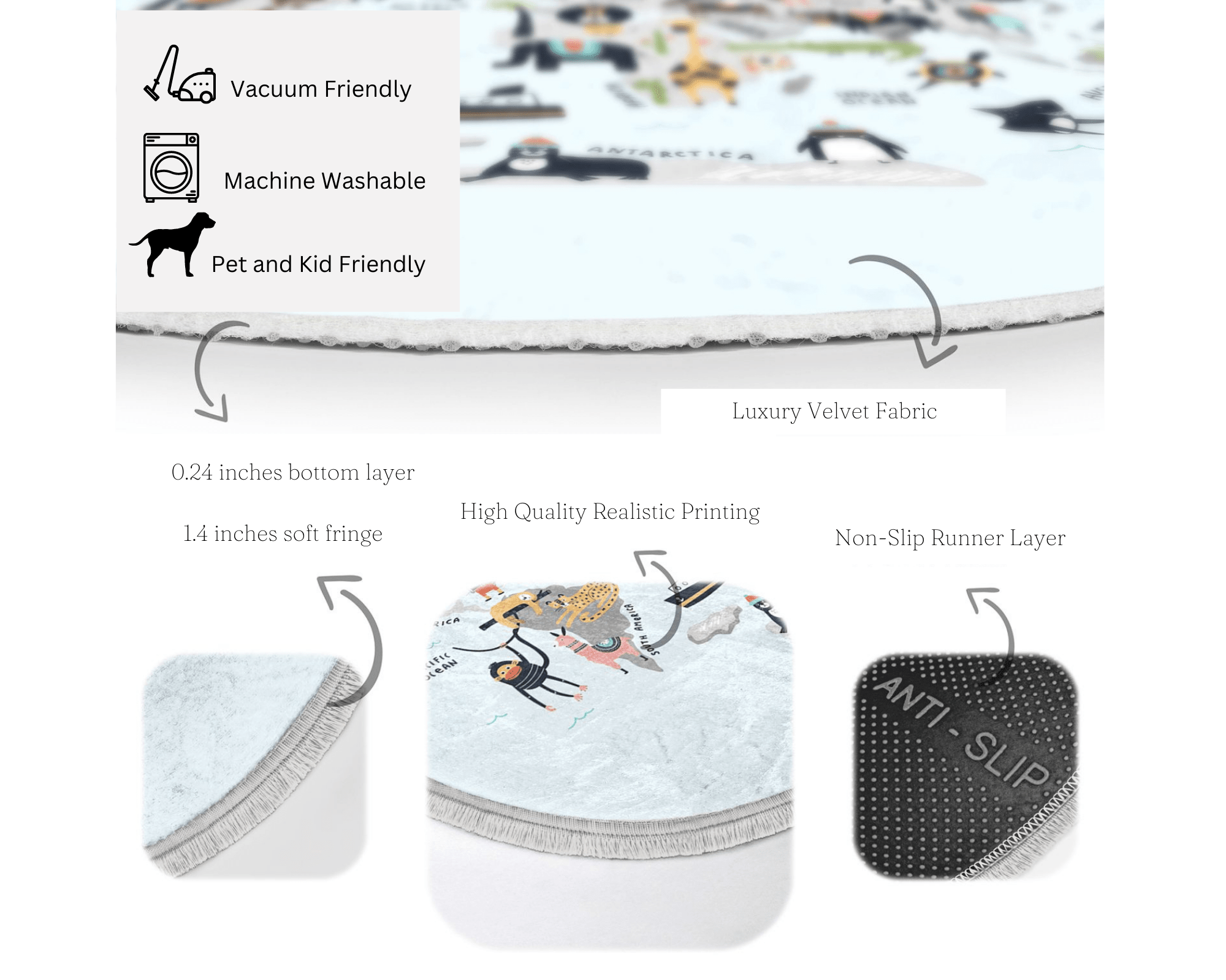 Colorful Animal World Area Rug featuring vibrant animal prints, perfect for kids' rooms and nurseries, made from soft velvet fabric.