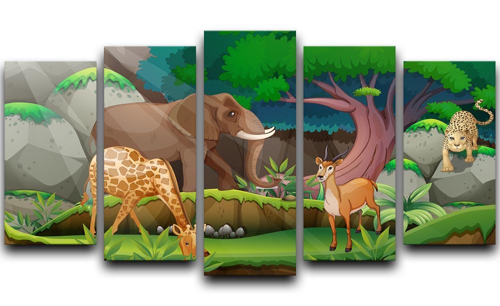 A vibrant 5-panel canvas artwork featuring various jungle animals, showcasing rich colors and intricate details, perfect for home decor.