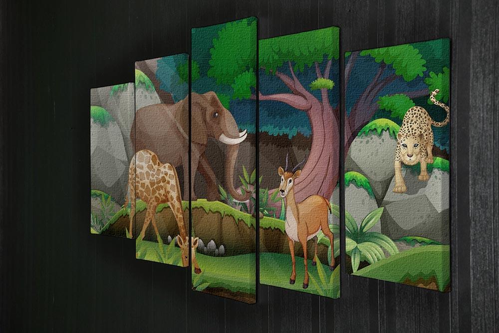 A vibrant 5-panel canvas artwork featuring various jungle animals, showcasing rich colors and intricate details, perfect for home decor.