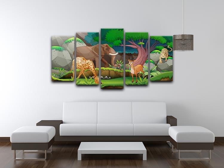 A vibrant 5-panel canvas artwork featuring various jungle animals, showcasing rich colors and intricate details, perfect for home decor.