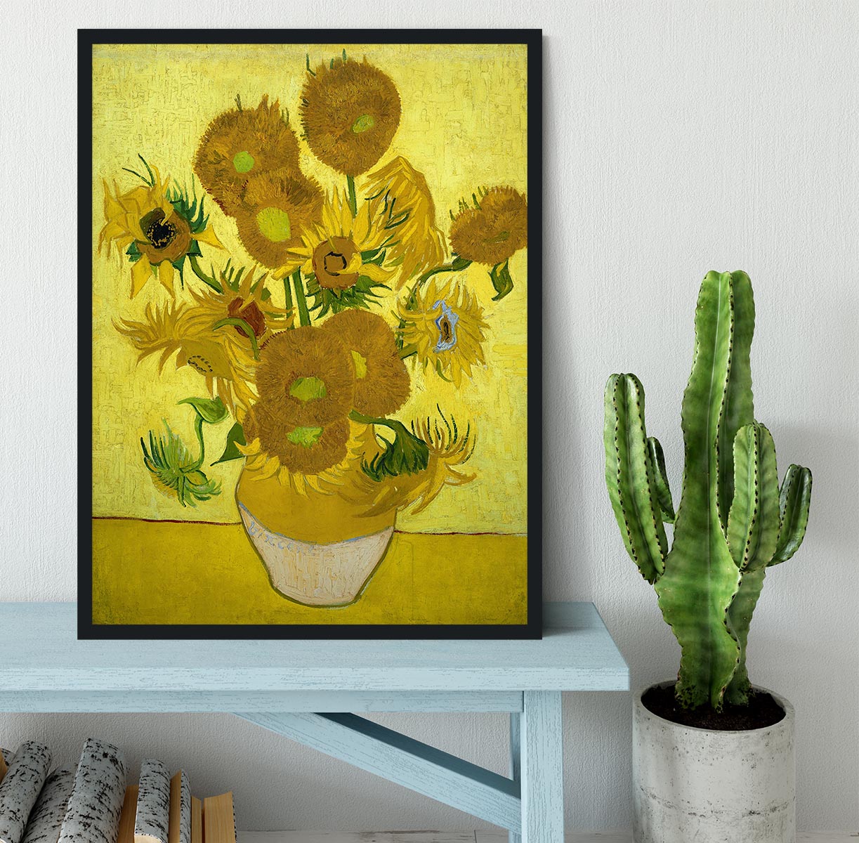 Another Vase of Sunflowers Framed Print showcasing vibrant sunflowers in a handmade frame, available in black, white, or natural wood.