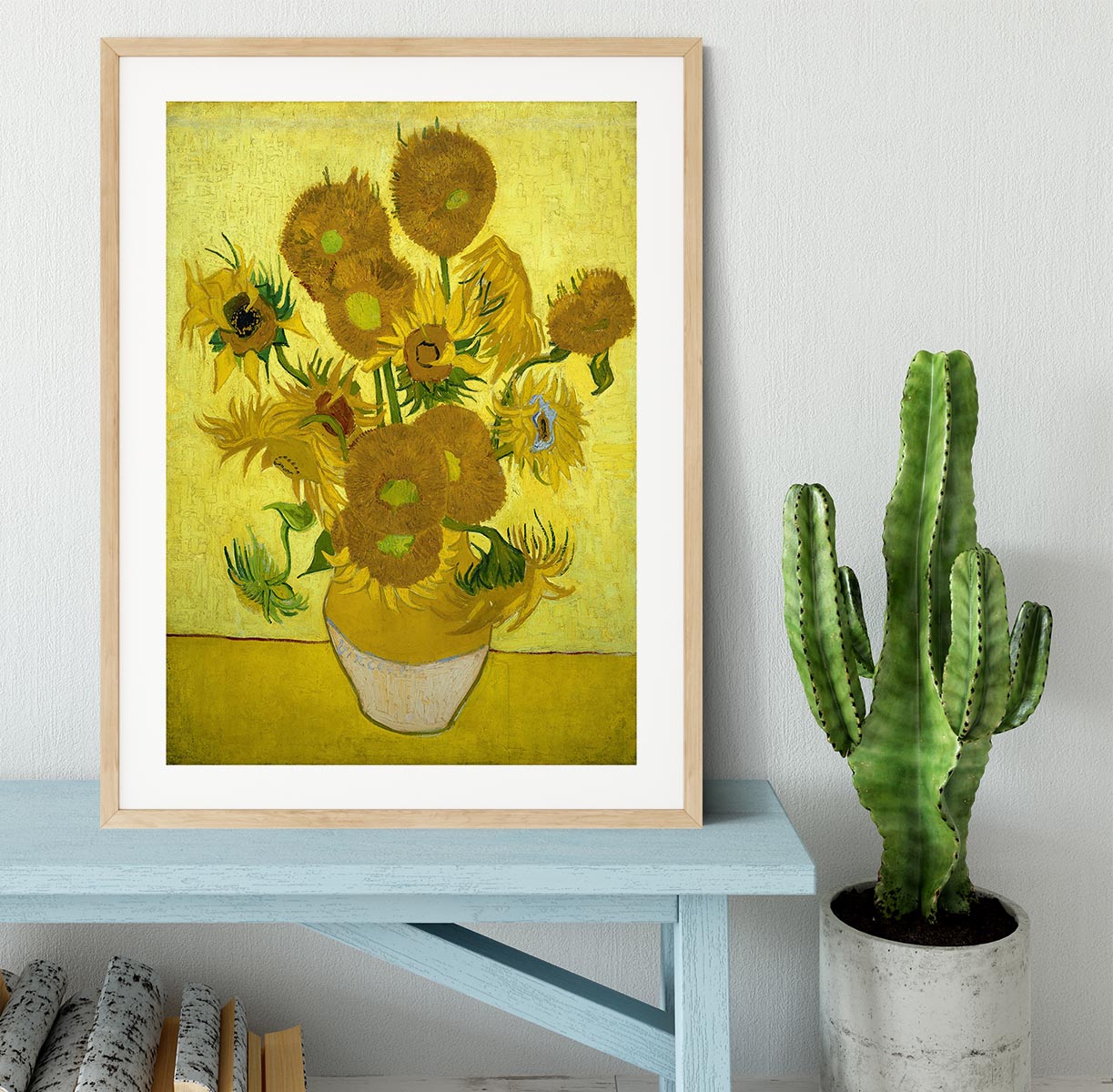 Another Vase of Sunflowers Framed Print showcasing vibrant sunflowers in a handmade frame, available in black, white, or natural wood.