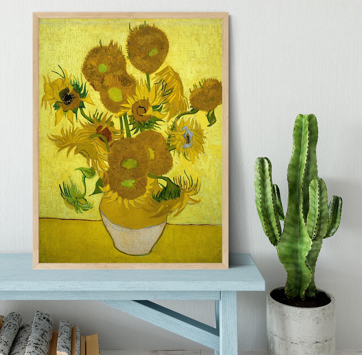 Another Vase of Sunflowers Framed Print showcasing vibrant sunflowers in a handmade frame, available in black, white, or natural wood.