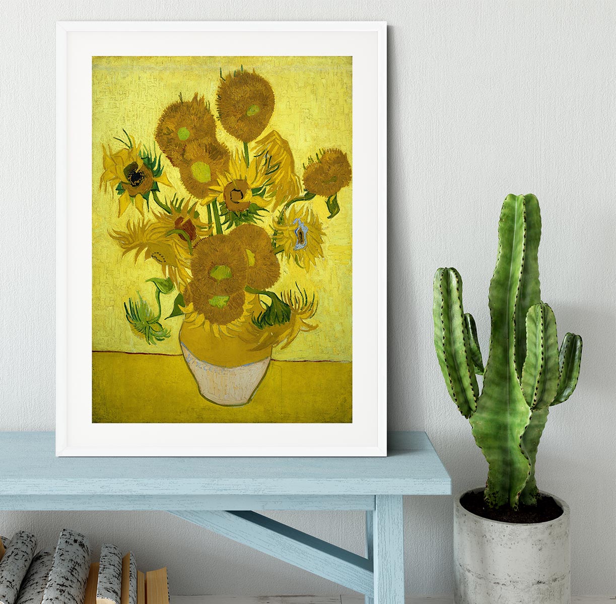 Another Vase of Sunflowers Framed Print showcasing vibrant sunflowers in a handmade frame, available in black, white, or natural wood.