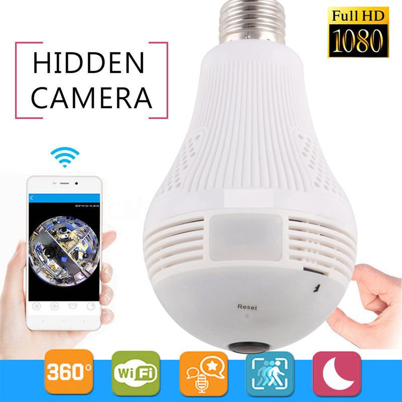 Anspo 1080P 2MP WiFi Panoramic Bulb Security Camera in white, designed to provide 360-degree surveillance and LED lighting.