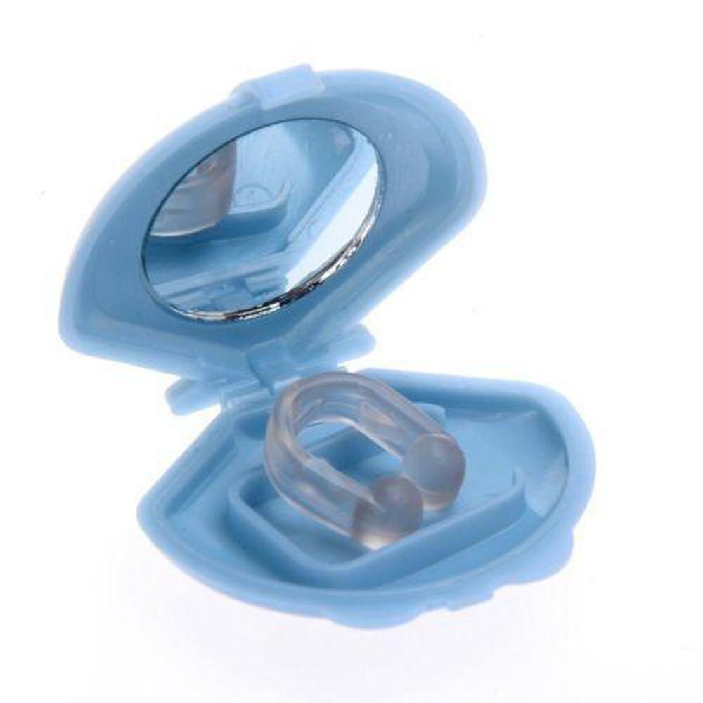 Silicone anti-snoring nose clip with protective case, designed for better sleep and breathing.