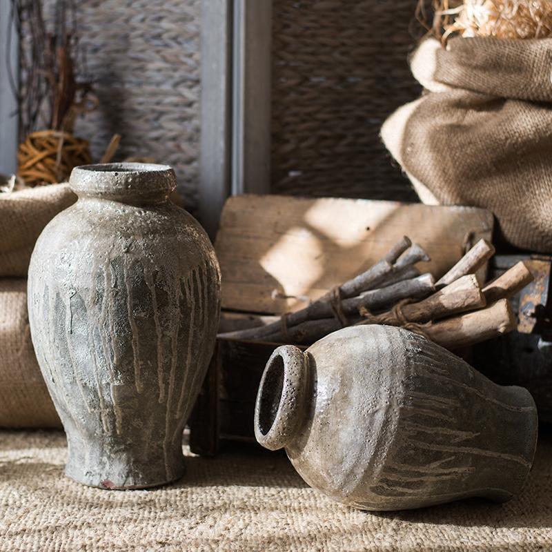 Antique Coarse Pottery ceramic flower pot in khaki, tan, and brown colors, showcasing its unique handmade design.