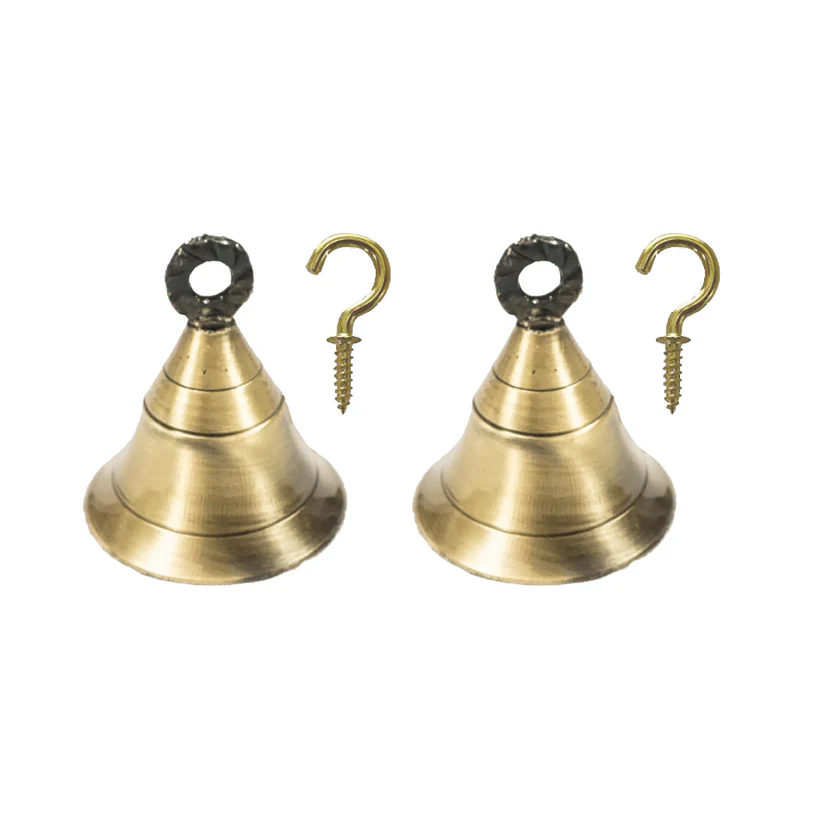 Antique Finish Brass Bells with J hooks, showcasing intricate design and vintage charm, perfect for pooja rooms.