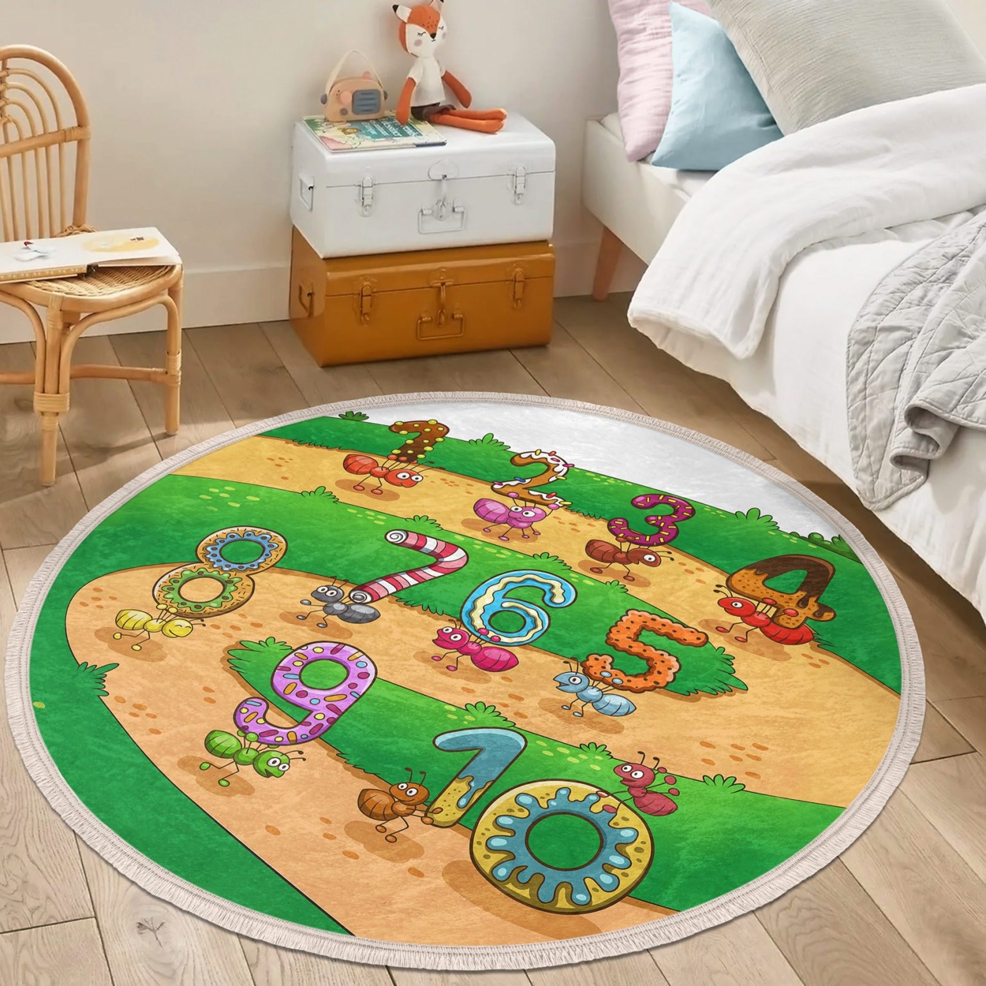 Colorful kids room area rug featuring playful ants and numbers, perfect for nurseries and play areas.